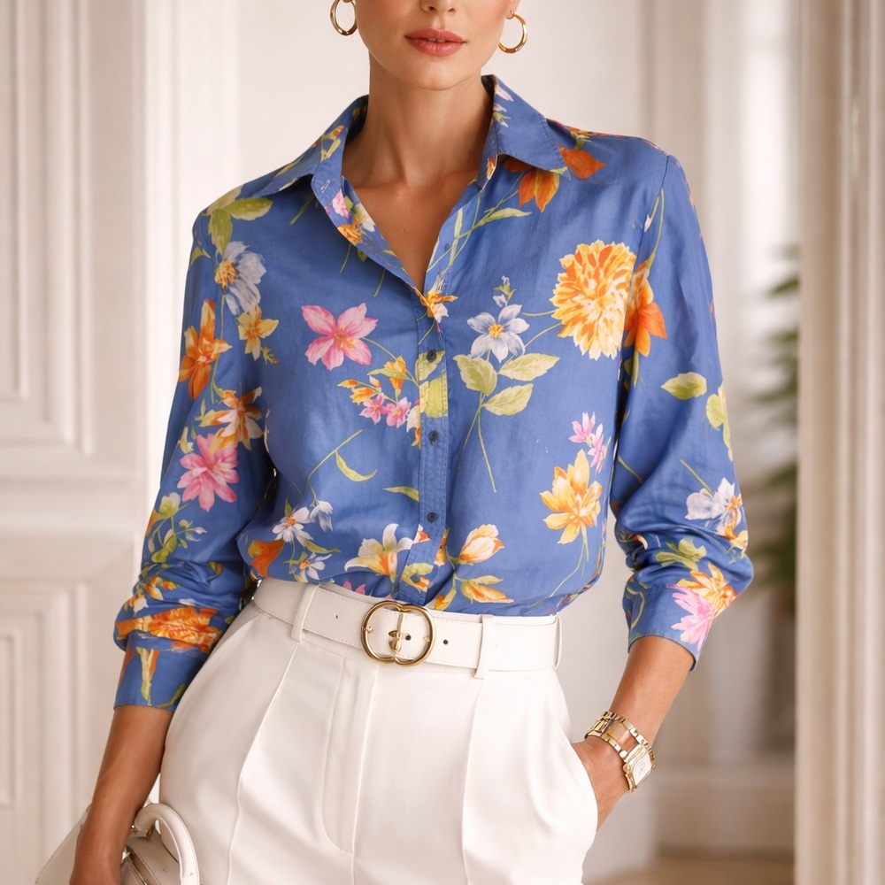 Jones New York Blue Floral Button-Front Shirt